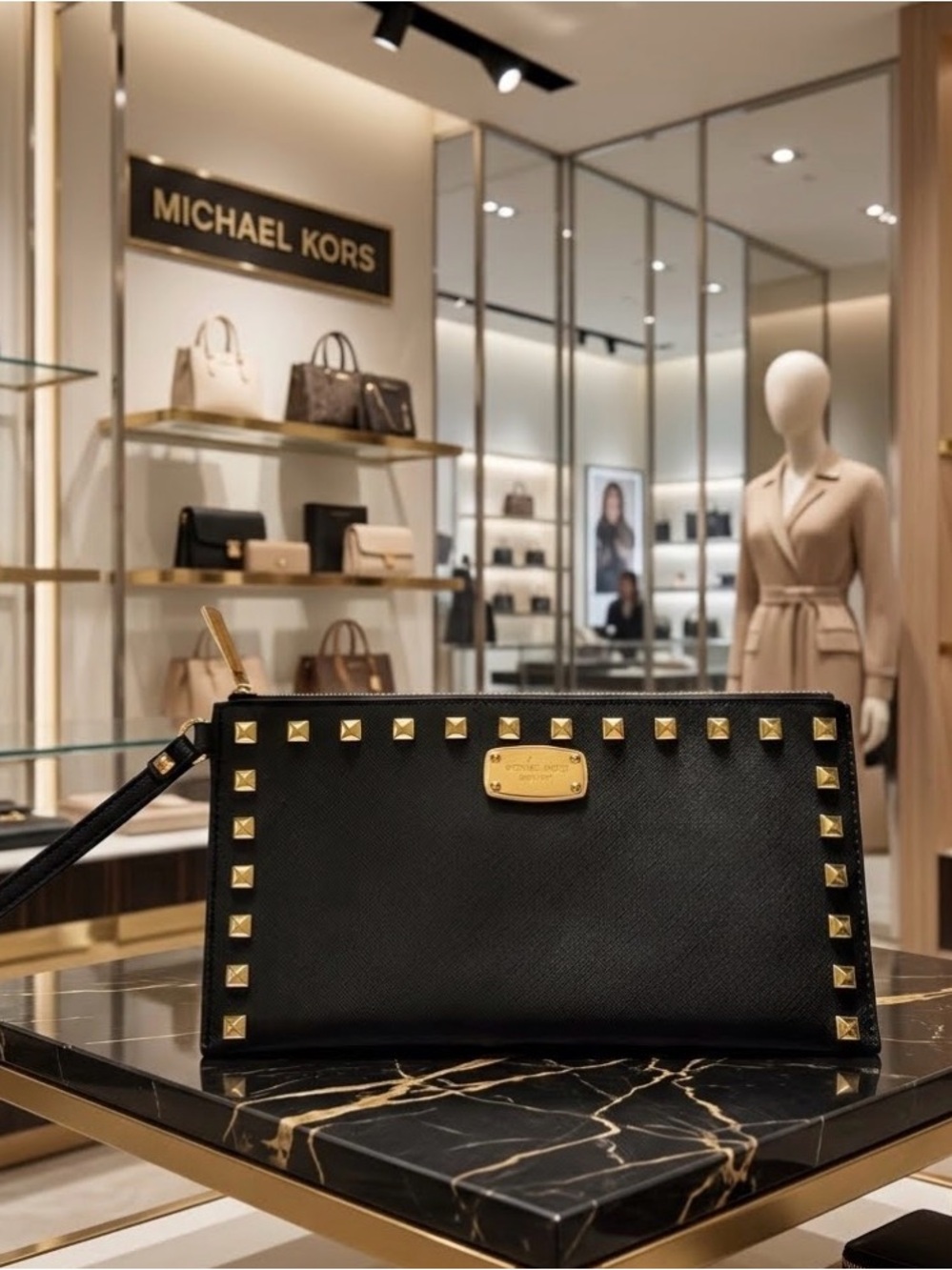 Michael Kors Black Wristlet with Gold Zip and Stud Accents EUC